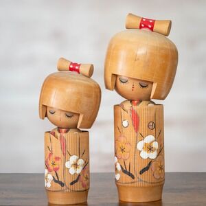 Set of 2 Wood Japanese Kokeshi Dolls, Hand Painted with Plum Blossom Design